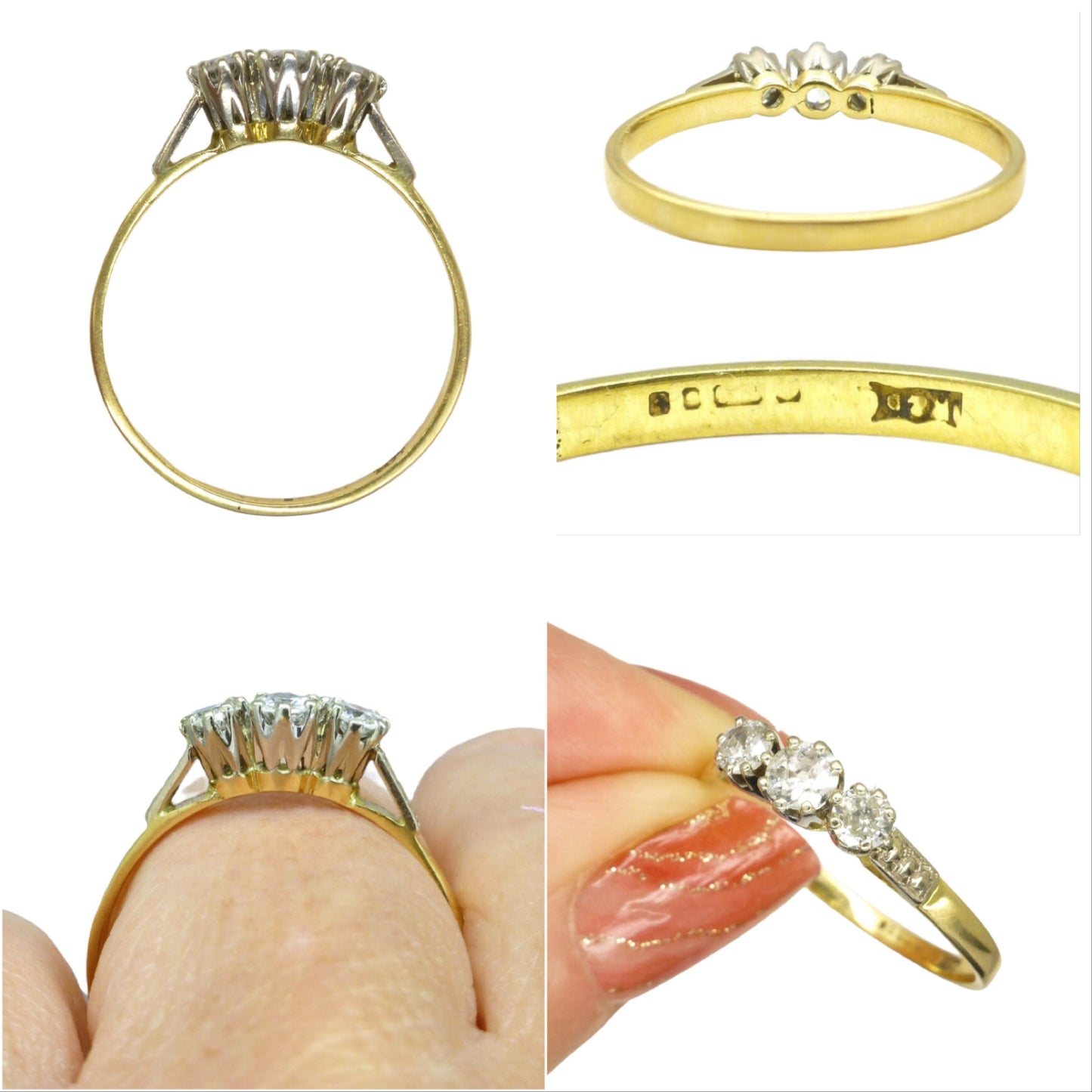 Vintage 18ct old cut diamond three stone trilogy ring 0.50ct ~ c1930's
