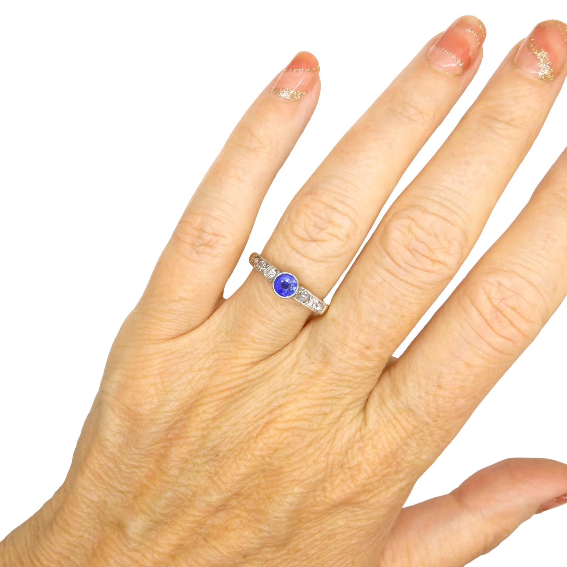 Antique Platinum 15ct old cut diamond & synthetic sapphire solitaire ring c1910's