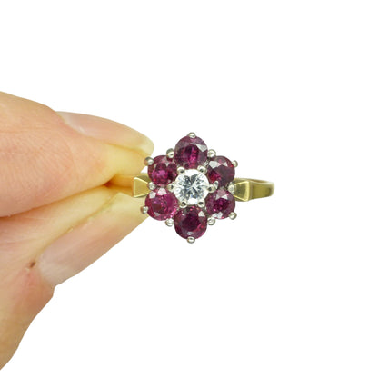 Vintage 18ct ruby & natural diamond flower cluster halo ring c1960's