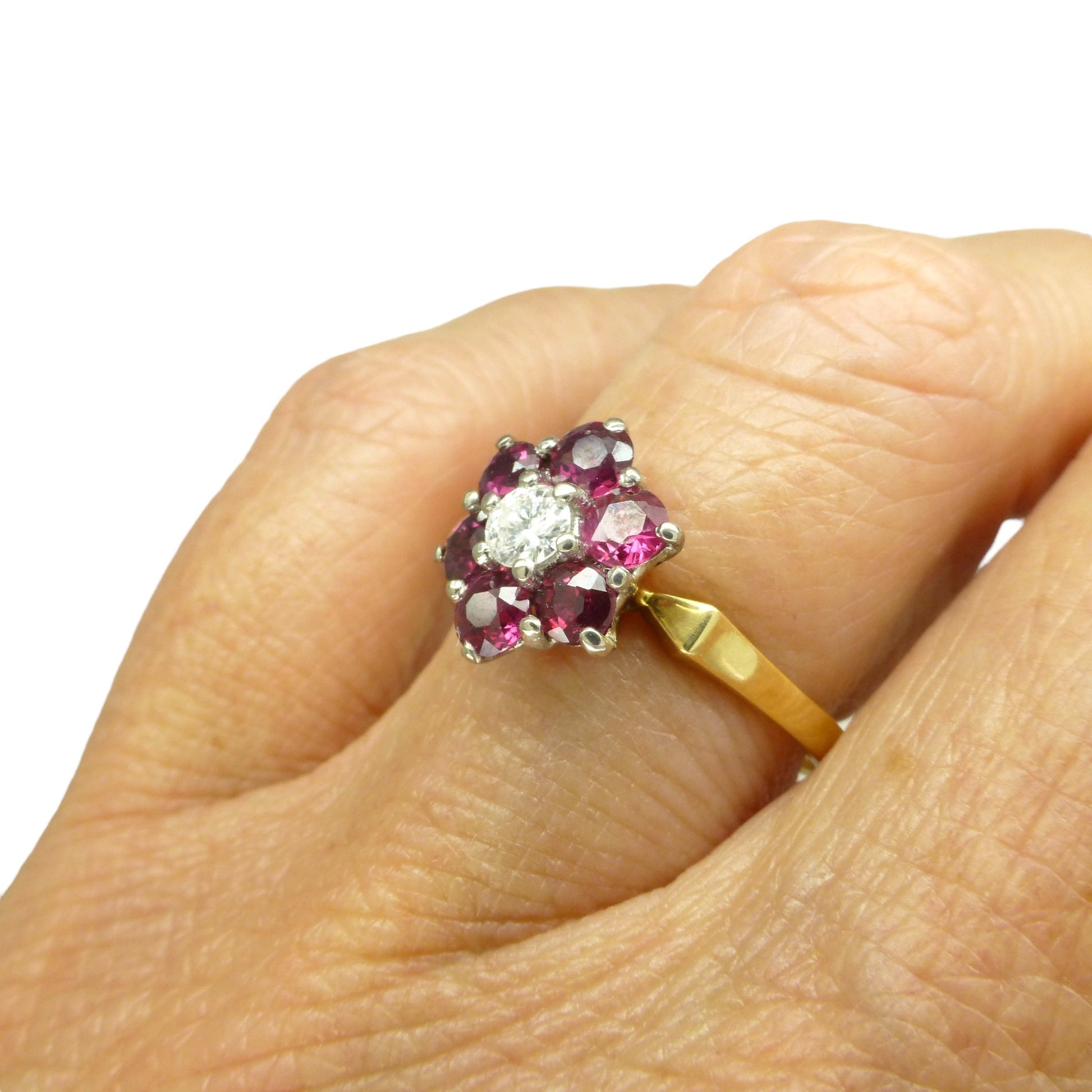 Vintage 18ct ruby & natural diamond flower cluster halo ring c1960's