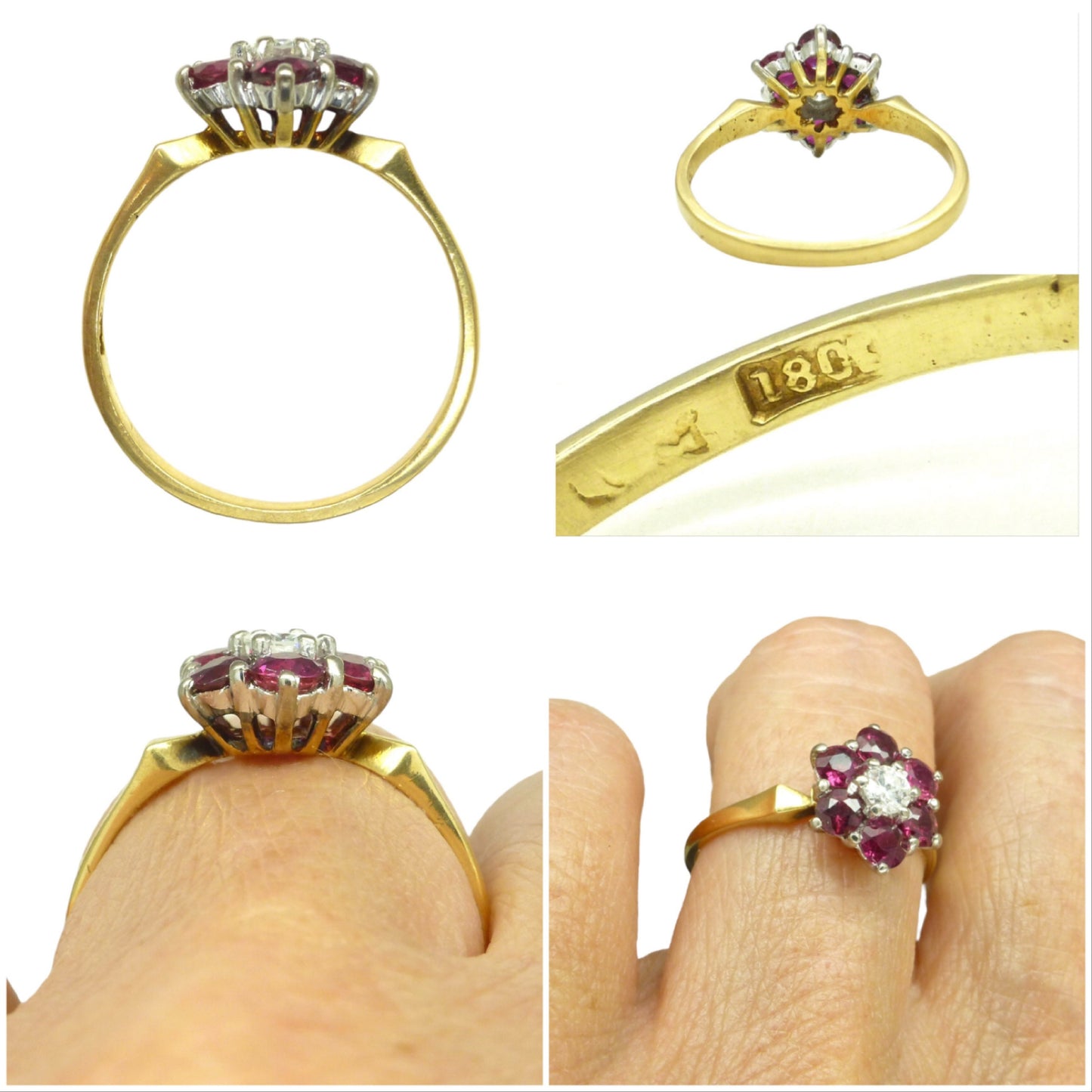 Vintage 18ct ruby & natural diamond flower cluster halo ring c1960's