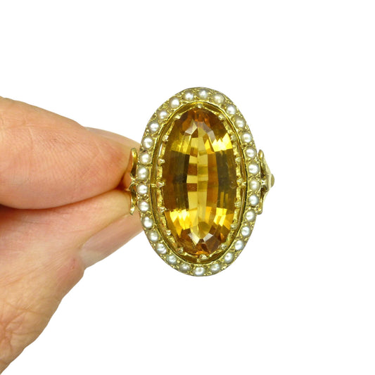 Vintage 9ct large golden quartz & pearl ring c1960's ~ Statement dress ring