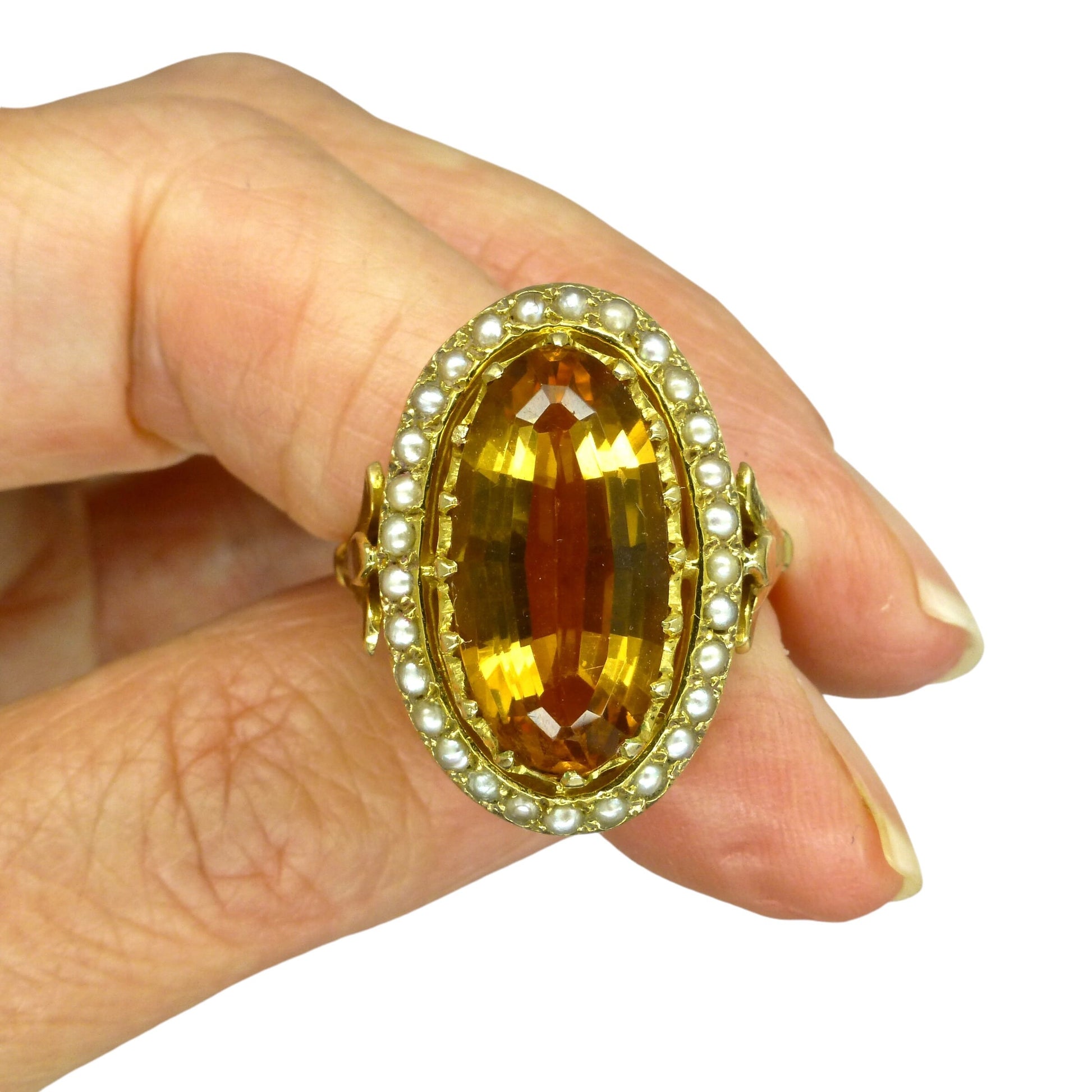 Vintage 9ct large golden citrine & pearl ring c1960's ~ Statement dress ring