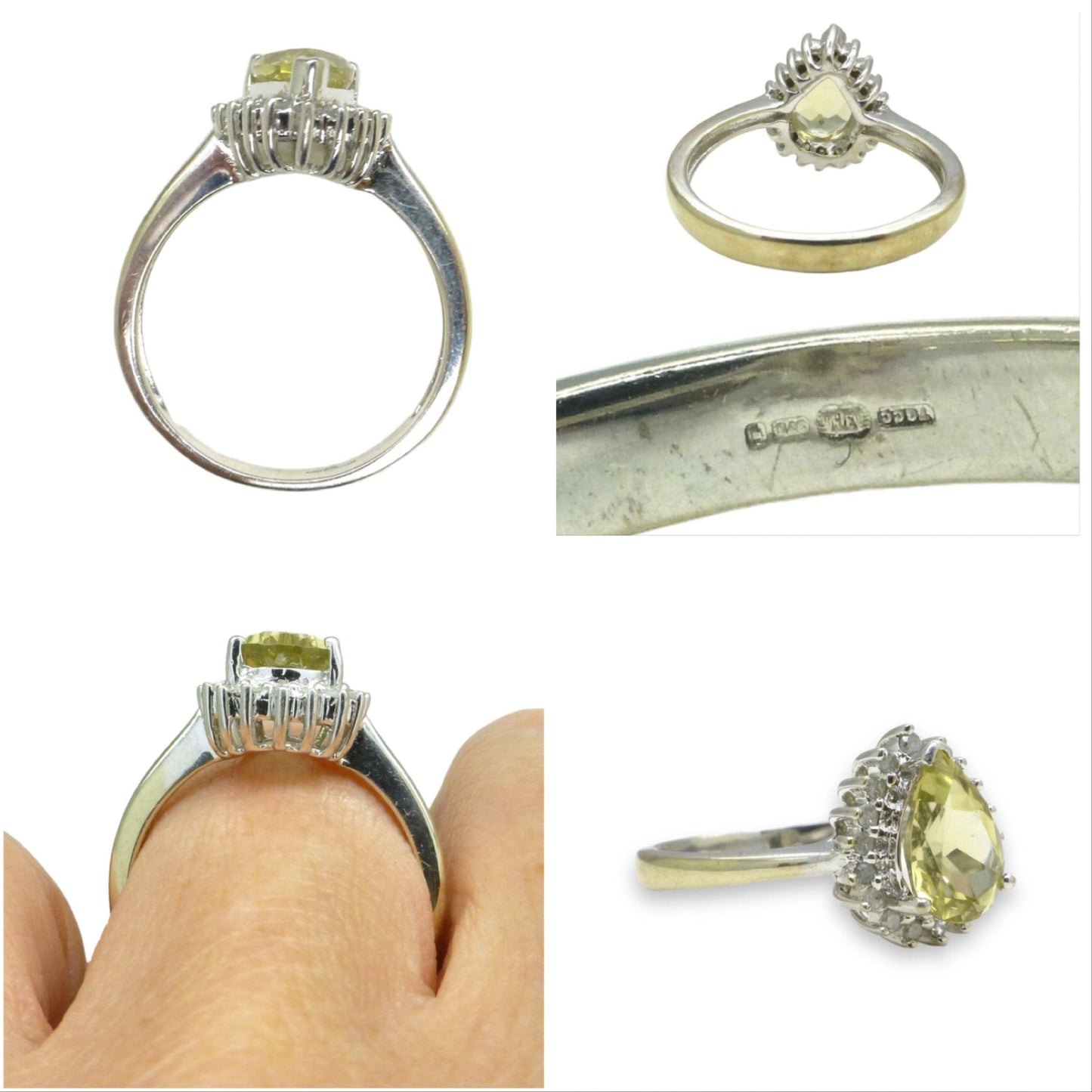 Vintage 9ct white gold pear cut diamond halo cluster dress ring
