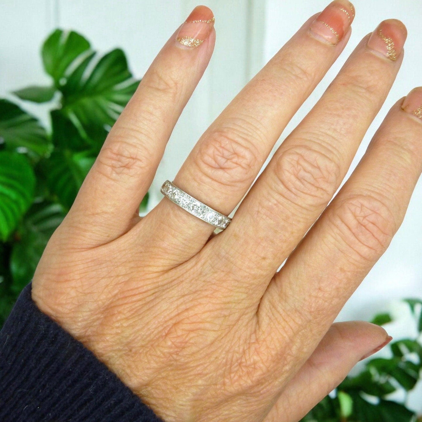 Art Deco platinum old cut natural Diamond full eternity wedding band 1920's ~ Size L ~ 5.5