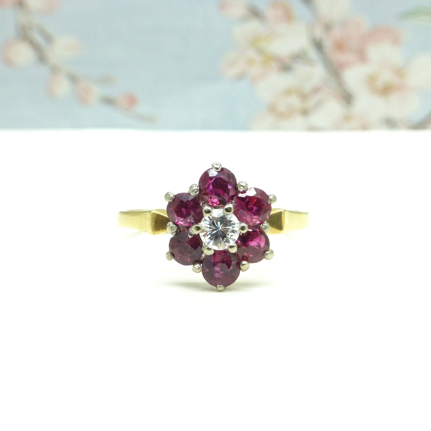 Vintage 18ct ruby & natural diamond flower cluster halo ring c1960's