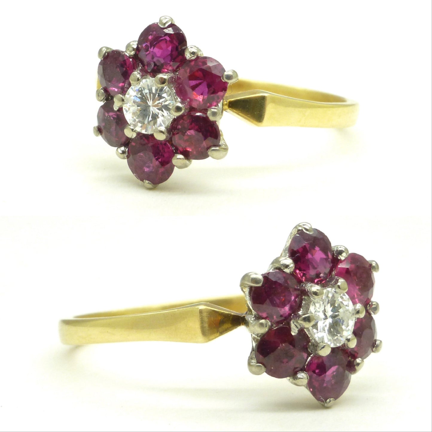 Vintage 18ct ruby & natural diamond flower cluster halo ring c1960's