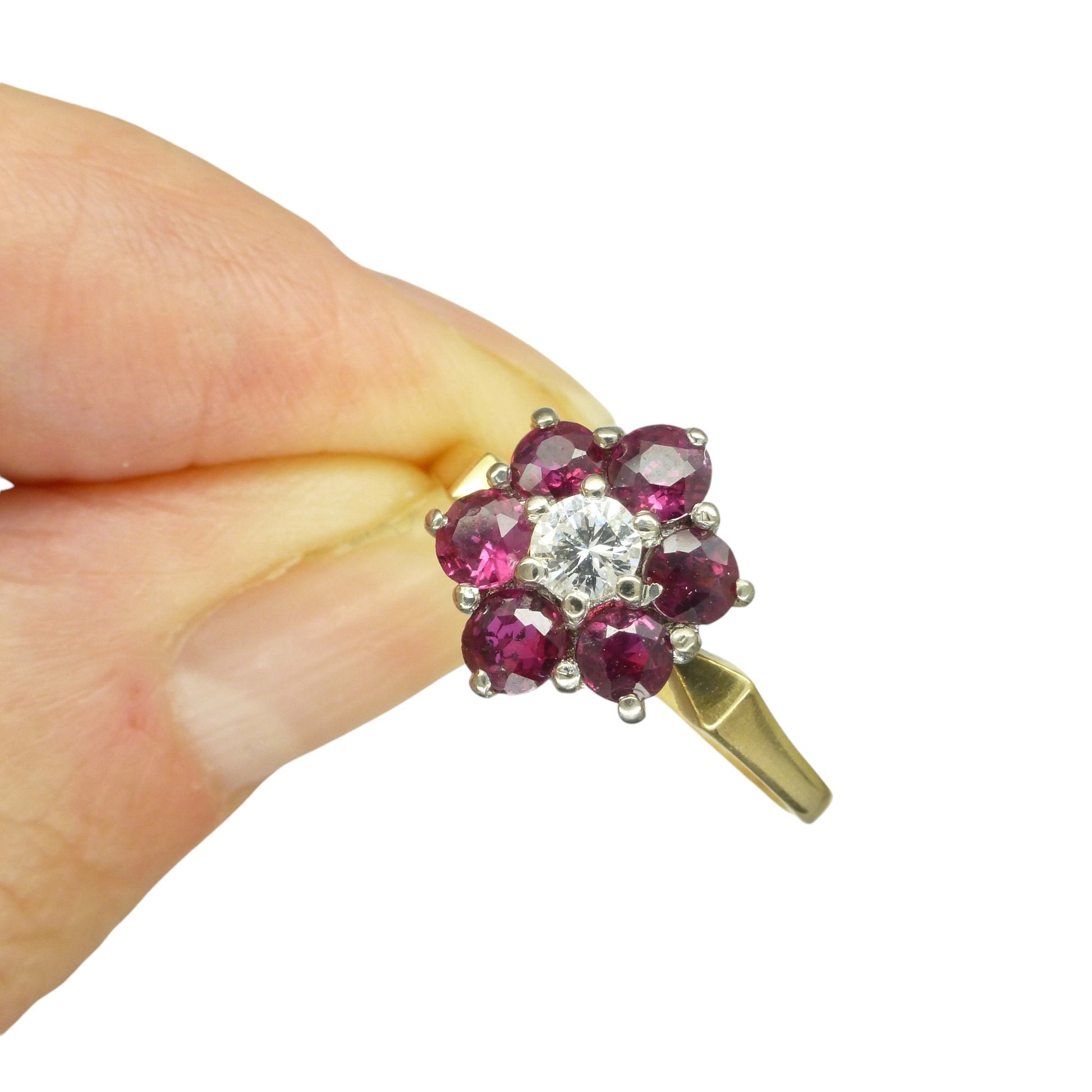 Vintage 18ct ruby & natural diamond flower cluster halo ring c1960's