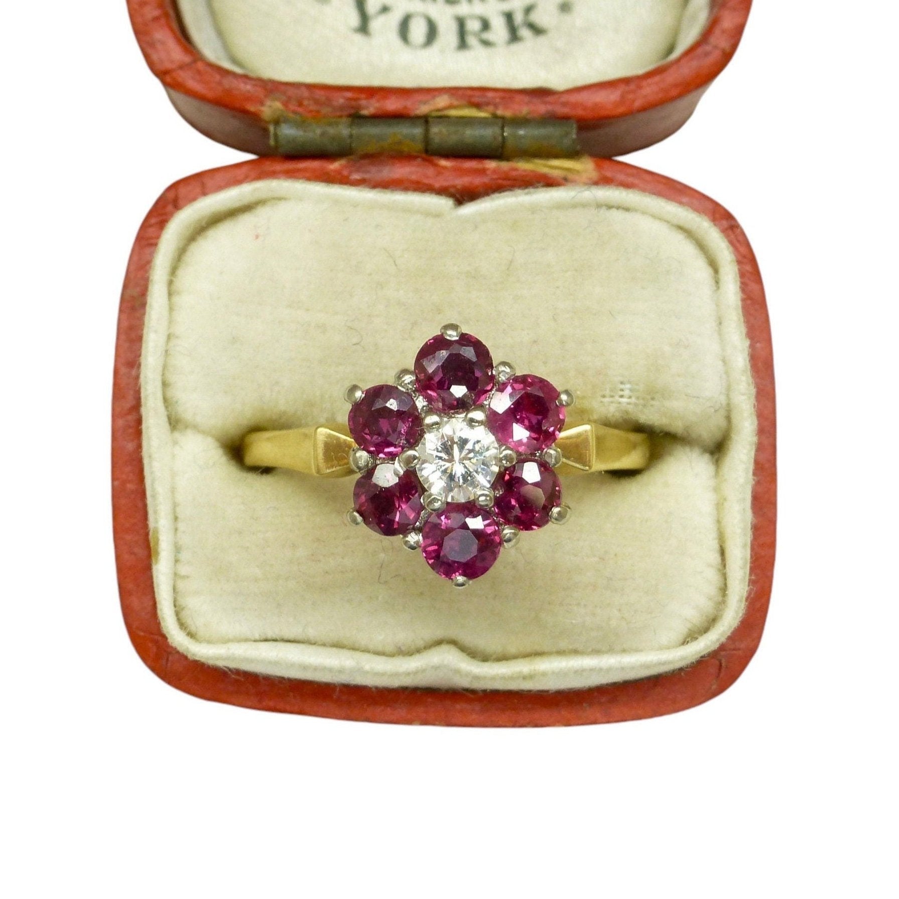 Vintage 18ct ruby & natural diamond flower cluster halo ring c1960's