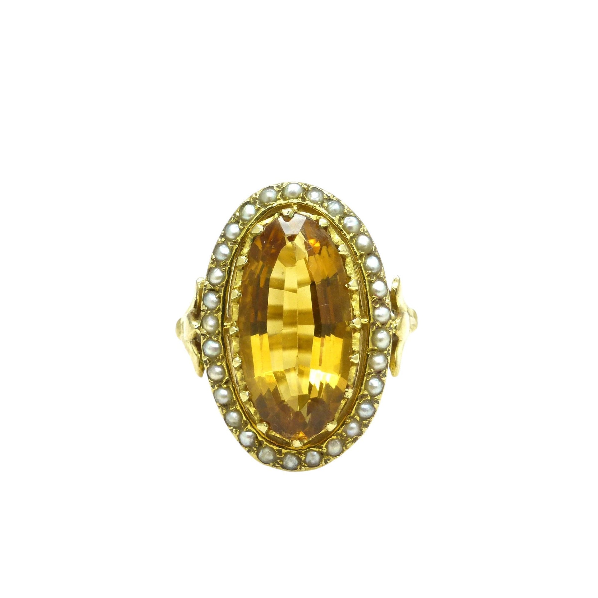 Vintage 9ct large golden quartz & pearl ring c1960's ~ Statement dress ring