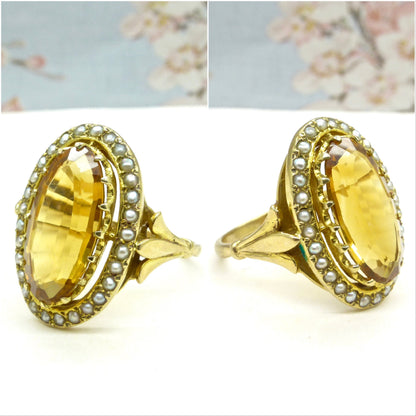 Vintage 9ct large golden citrine & pearl ring c1960's ~ Statement dress ring