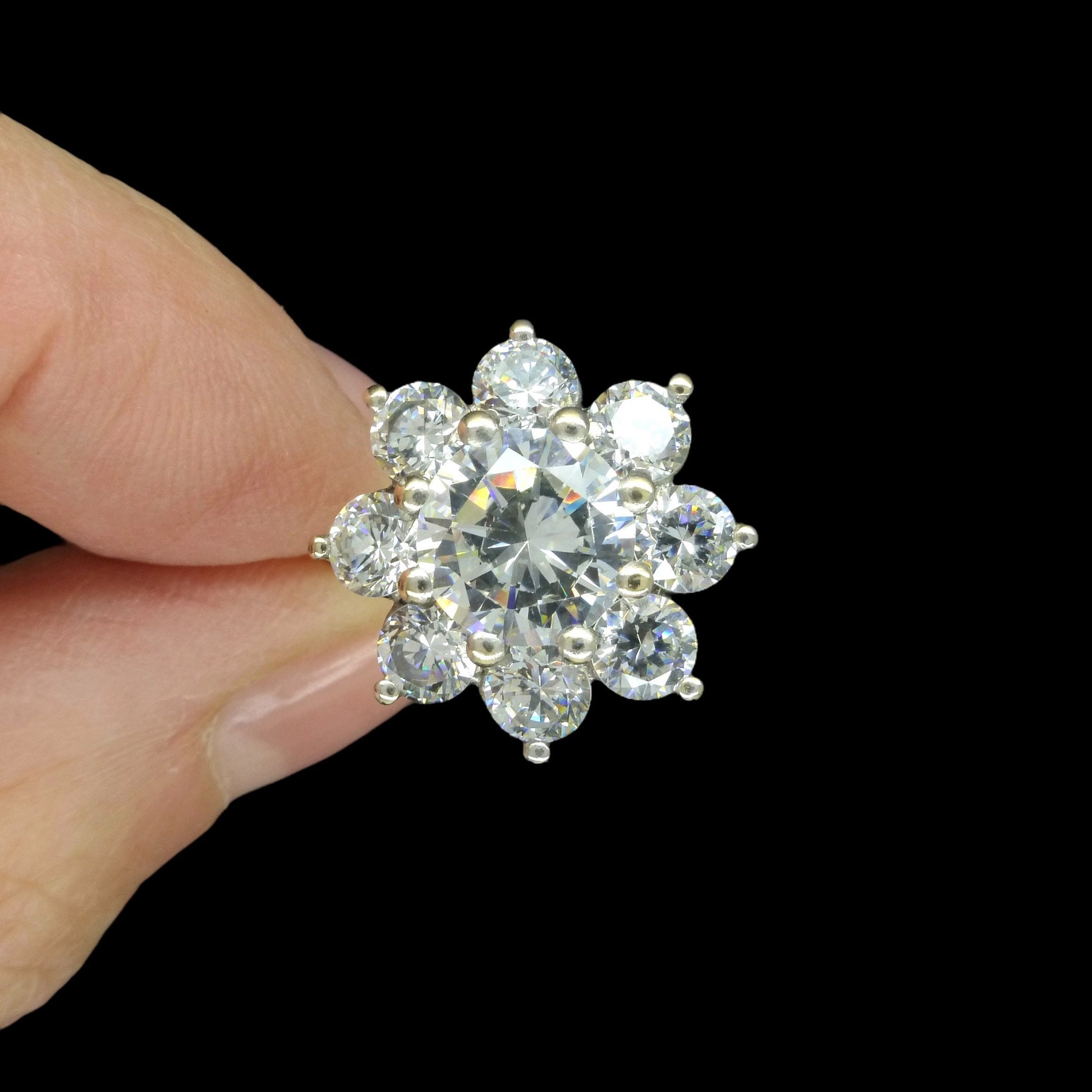 Vintage 9ct 'Faux diamond' halo cluster ring ~ Cubic Zirconia flower ring