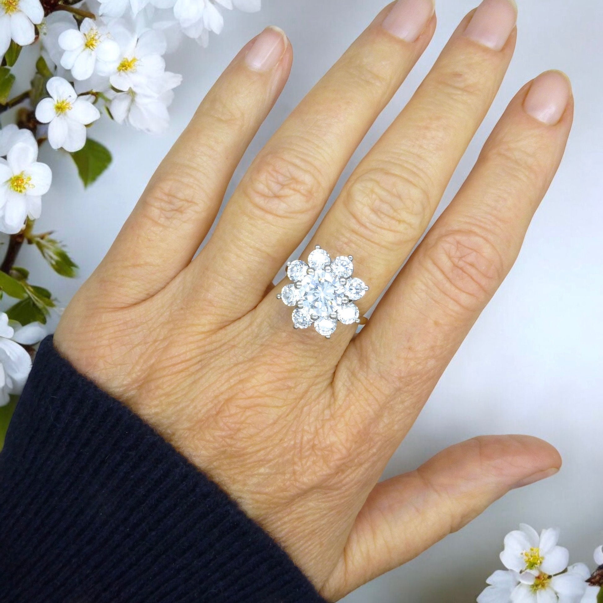 Vintage 9ct 'Faux diamond' halo cluster ring ~ Cubic Zirconia flower ring