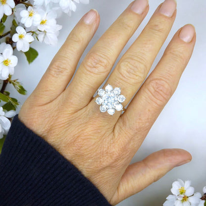 Vintage 9ct 'Faux diamond' halo cluster ring ~ Cubic Zirconia flower ring