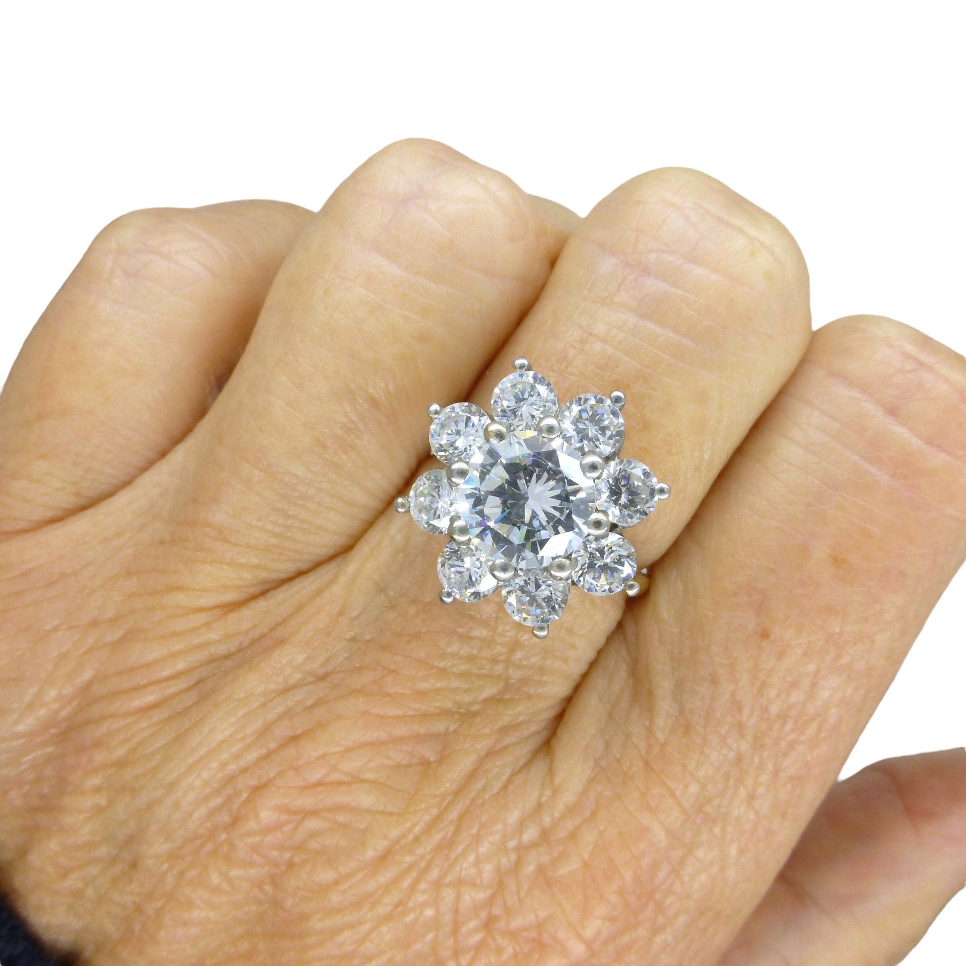Vintage 9ct 'Faux diamond' halo cluster ring ~ Cubic Zirconia flower ring