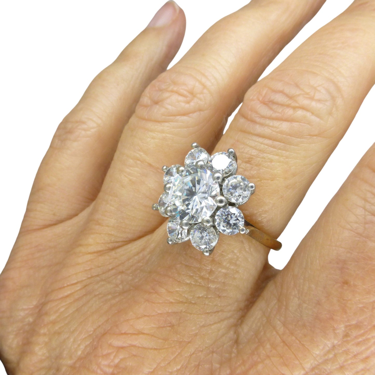 Vintage 9ct 'Faux diamond' halo cluster ring ~ Cubic Zirconia flower ring