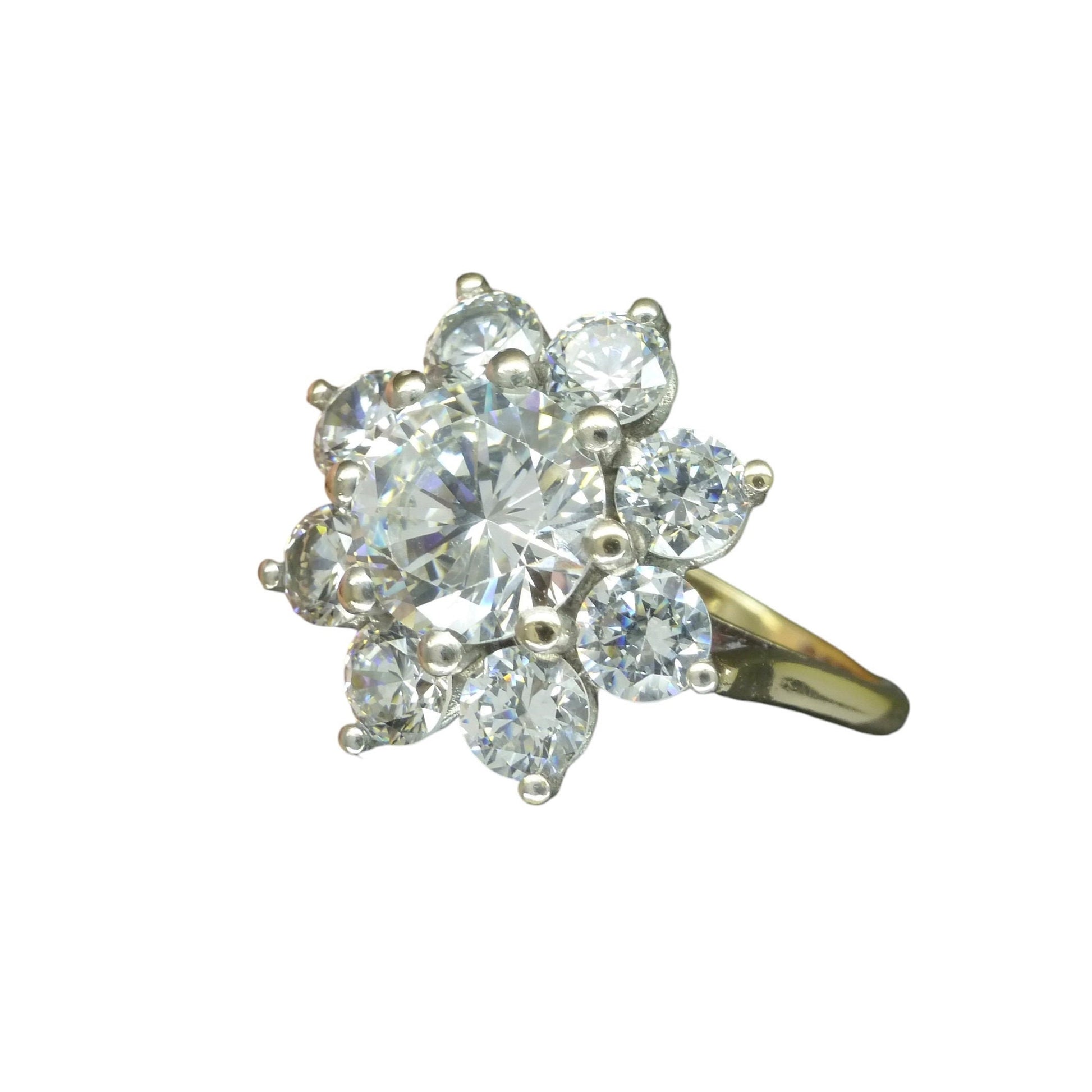 Vintage 9ct 'Faux diamond' halo cluster ring ~ Cubic Zirconia flower ring