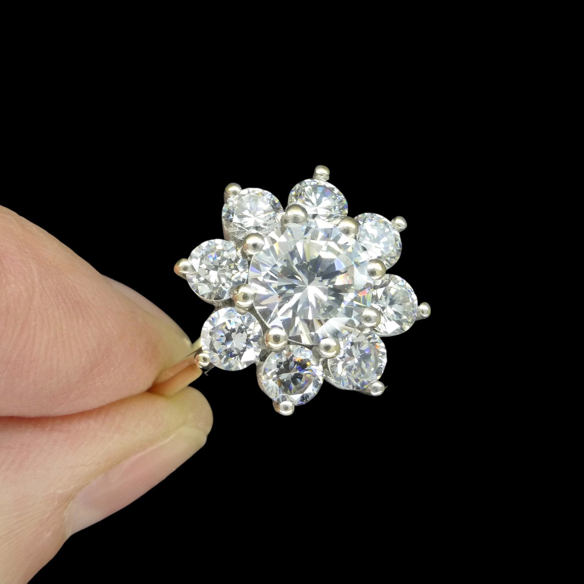 Vintage 9ct 'Faux diamond' halo cluster ring ~ Cubic Zirconia flower ring