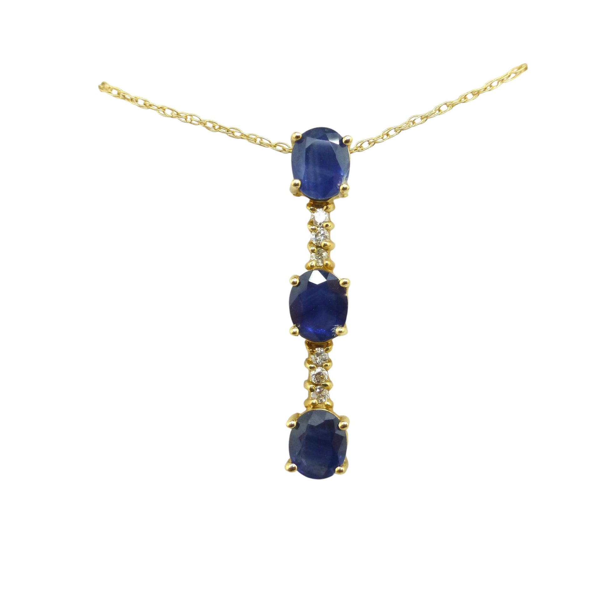 Vintage 14K gold sapphire and diamond bar pendant & gold chain