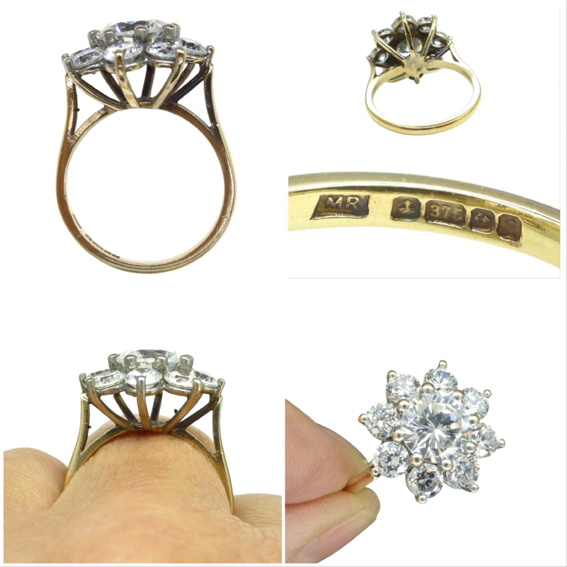 Vintage 9ct 'Faux diamond' halo cluster ring ~ Cubic Zirconia flower ring