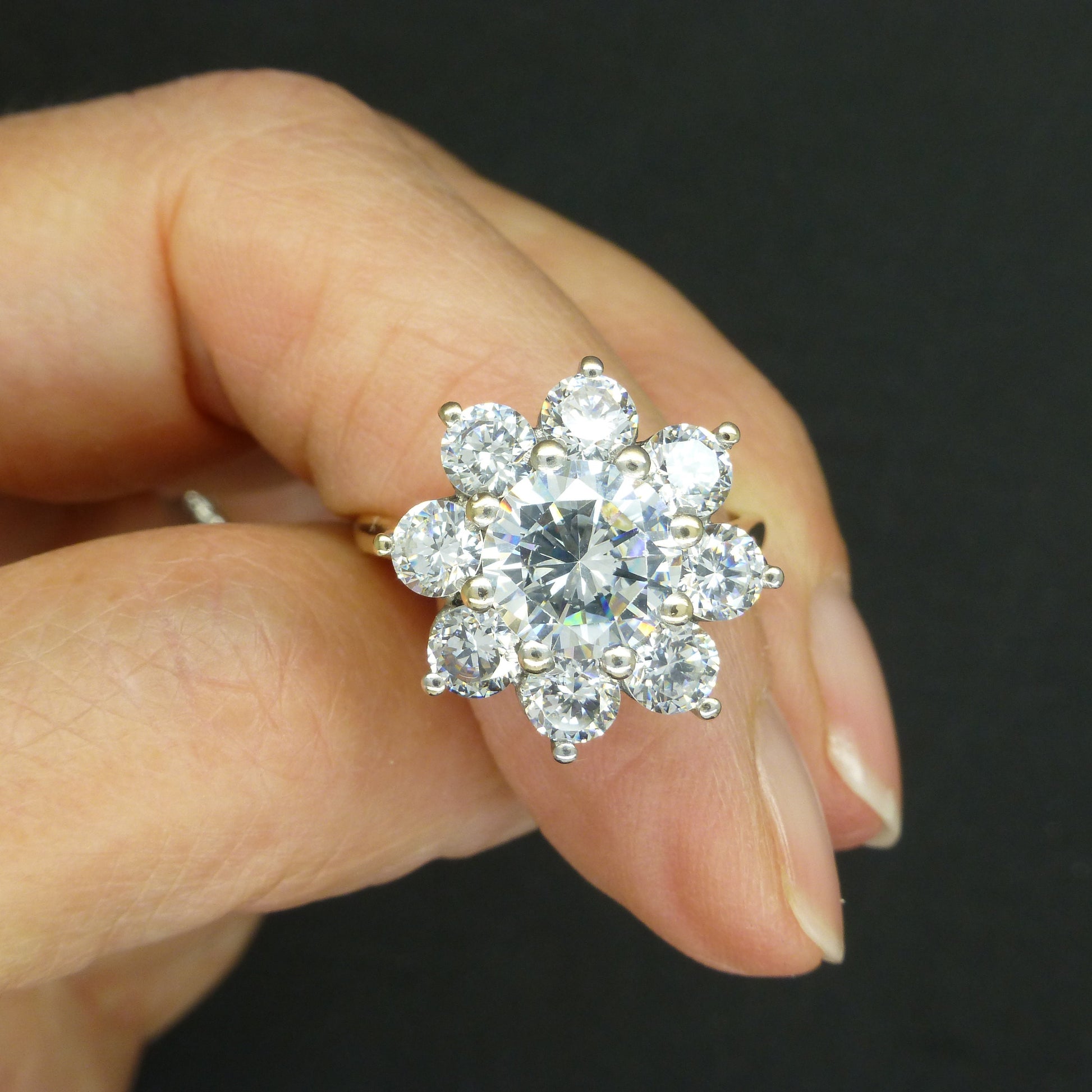 Vintage 9ct 'Faux diamond' halo cluster ring ~ Cubic Zirconia flower ring