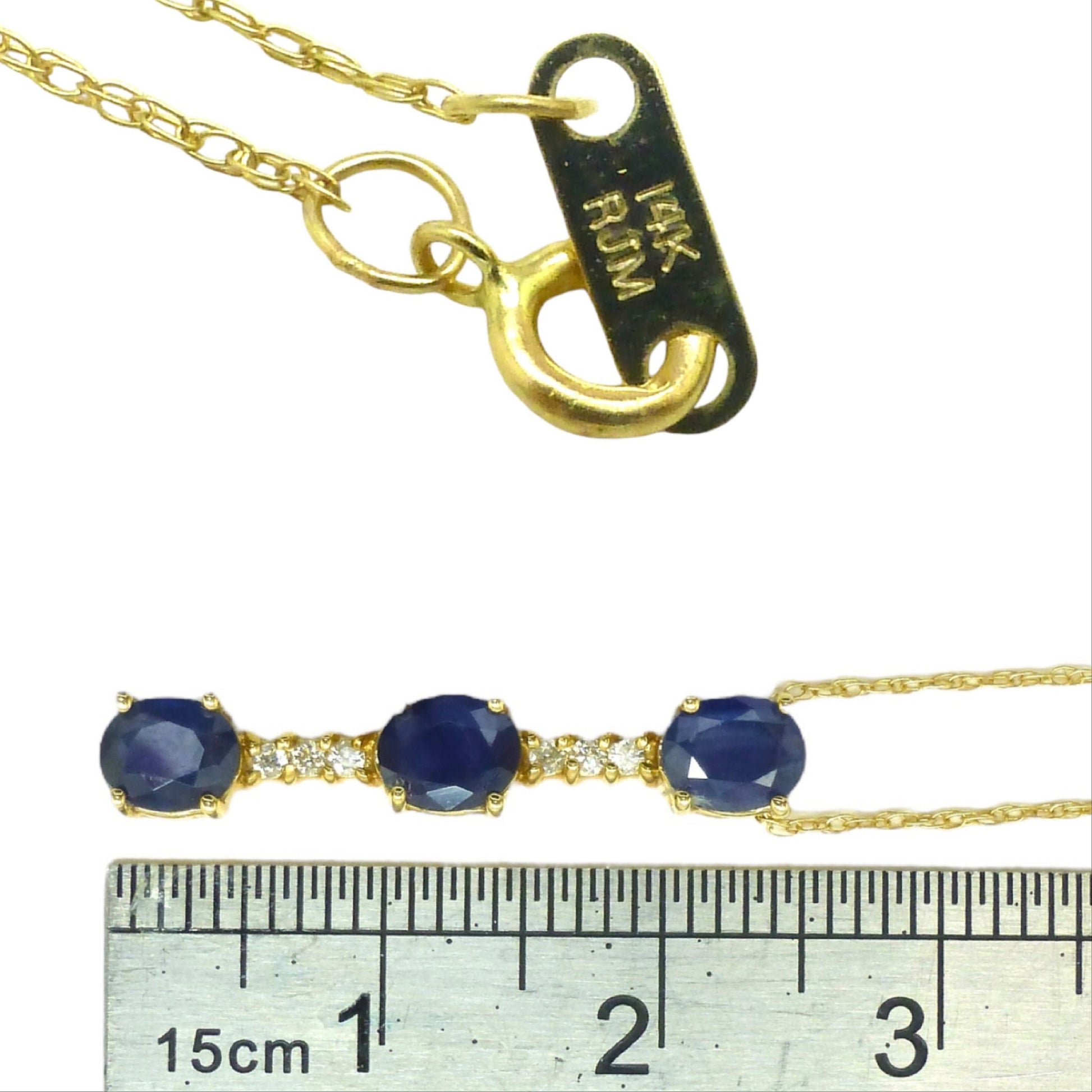 Vintage 14K gold sapphire and diamond bar pendant & gold chain