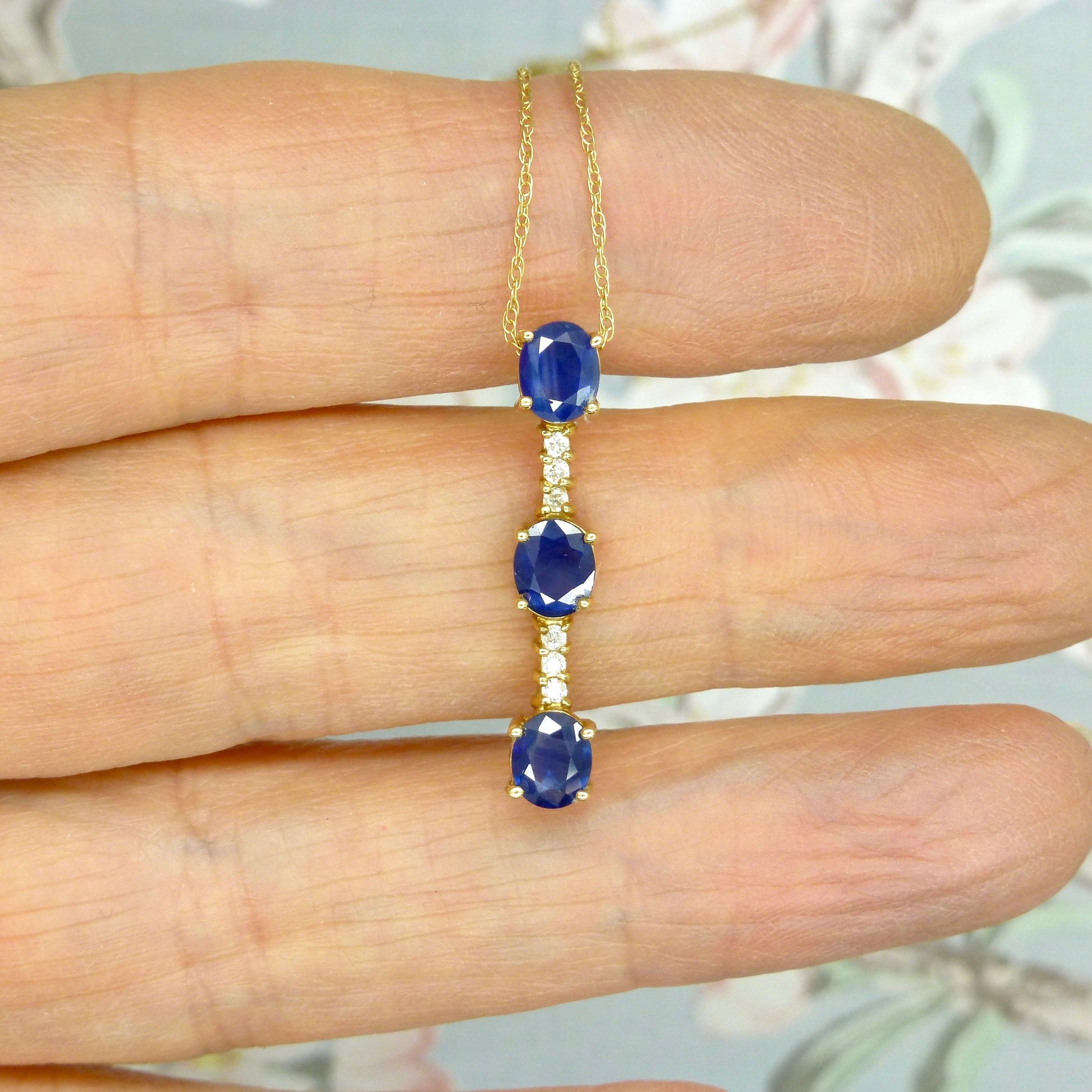 Vintage 14K gold sapphire and diamond bar pendant & gold chain