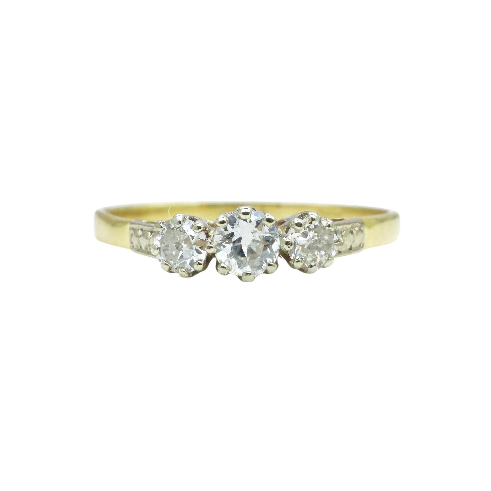 Vintage 18ct old cut diamond three stone trilogy ring 0.50ct ~ c1930's