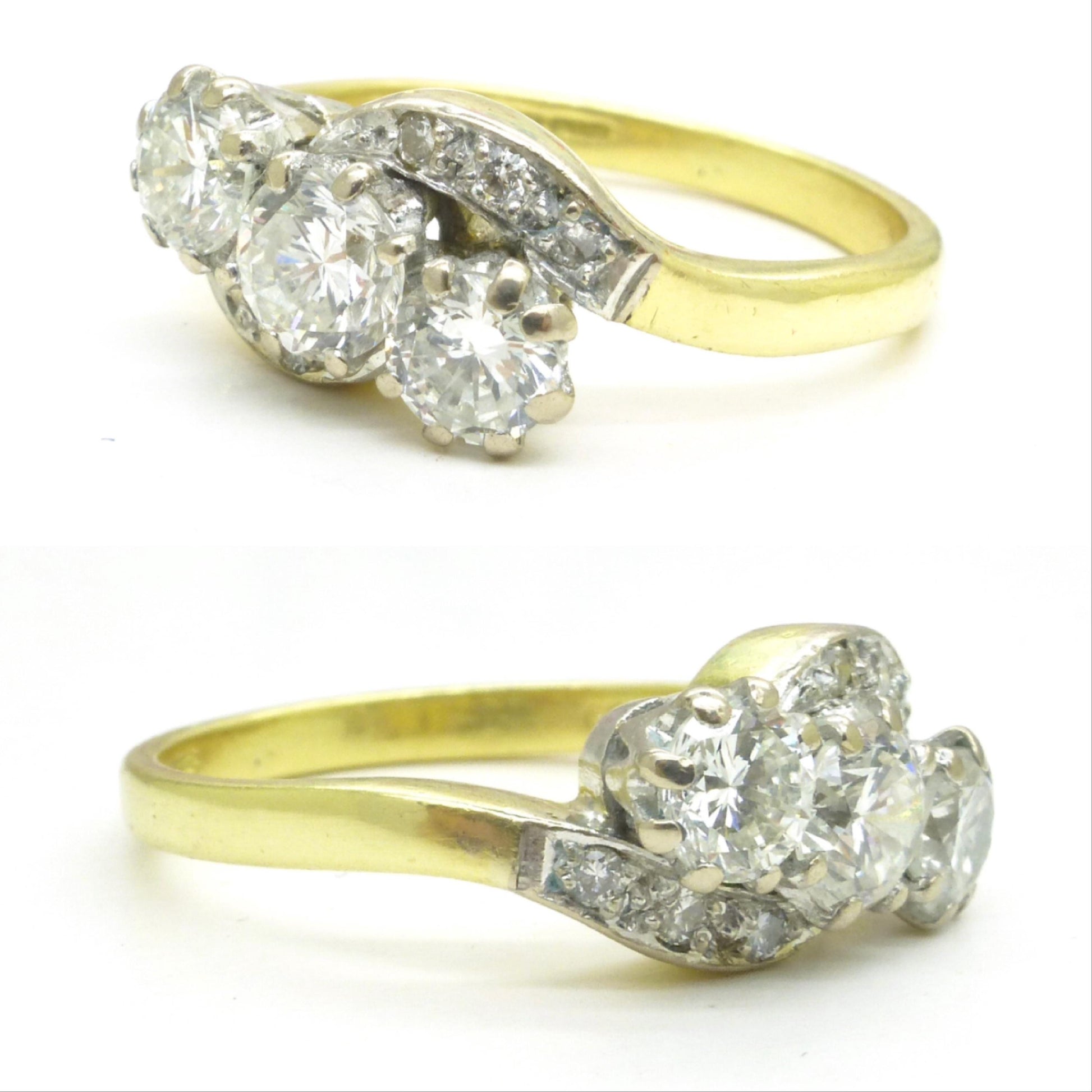 Vintage 18ct natural diamond three stone trilogy twist ring + Independent valuation report