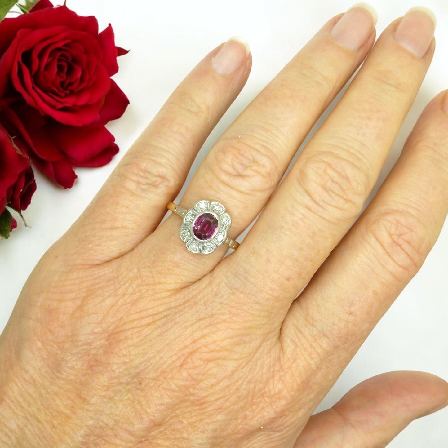 Vintage Art Deco verneuil ruby & diamond 18ct Platinum cluster ring c1930's