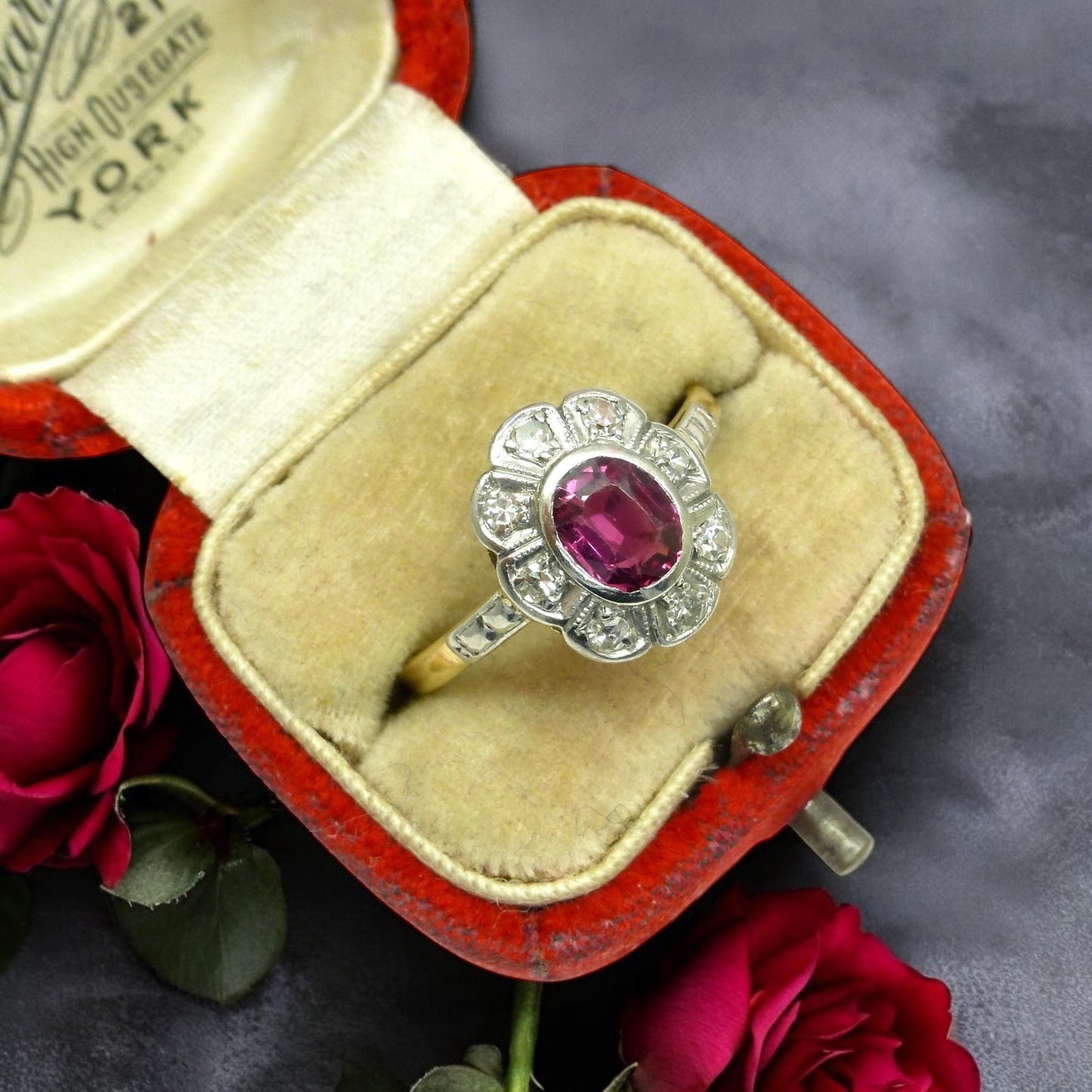 Vintage Art Deco verneuil ruby & diamond 18ct Platinum cluster ring c1930's