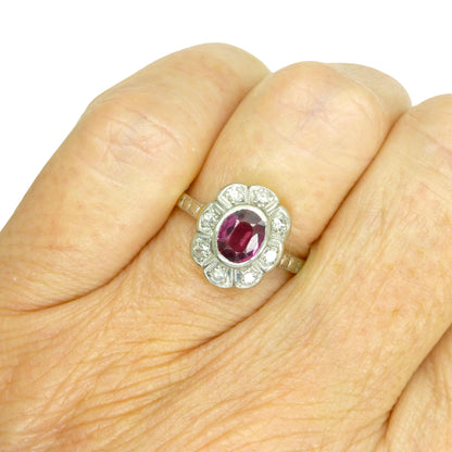 Vintage Art Deco verneuil ruby & diamond 18ct Platinum cluster ring c1930's