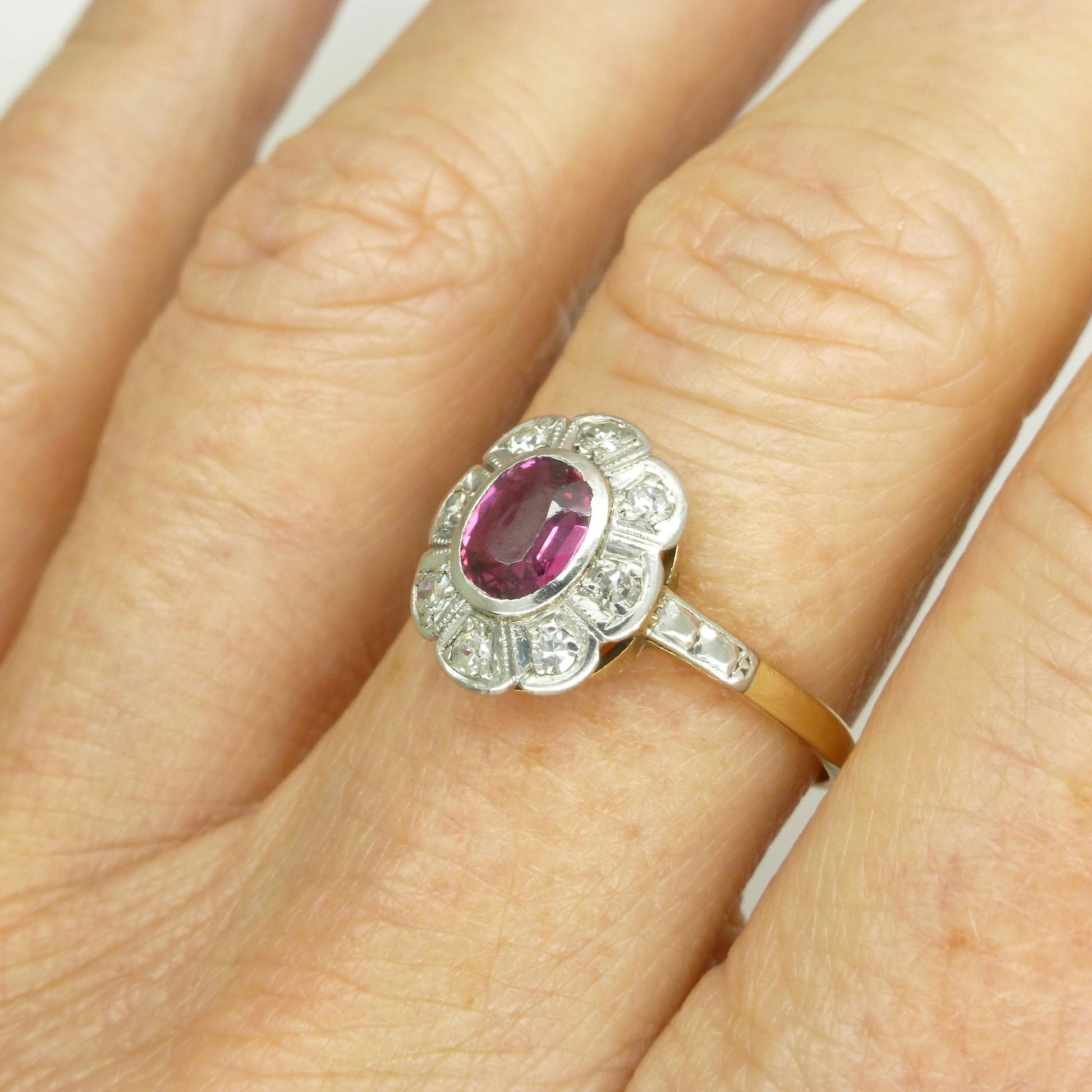 Vintage Art Deco verneuil ruby & diamond 18ct Platinum cluster ring c1930's