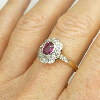 Vintage Art Deco verneuil ruby & diamond 18ct Platinum cluster ring c1930's