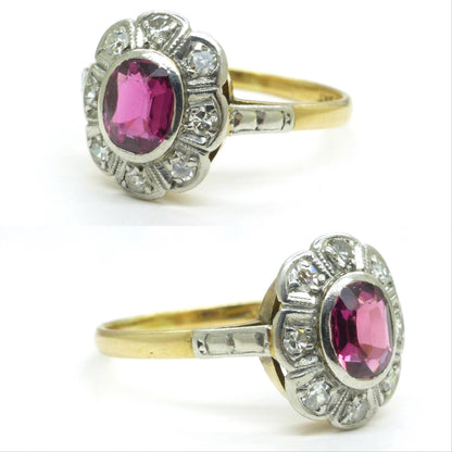 Vintage Art Deco verneuil ruby & diamond 18ct Platinum cluster ring c1930's