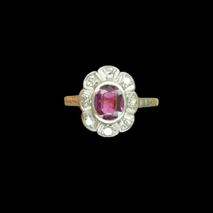 Vintage Art Deco verneuil ruby & diamond 18ct Platinum cluster ring c1930's