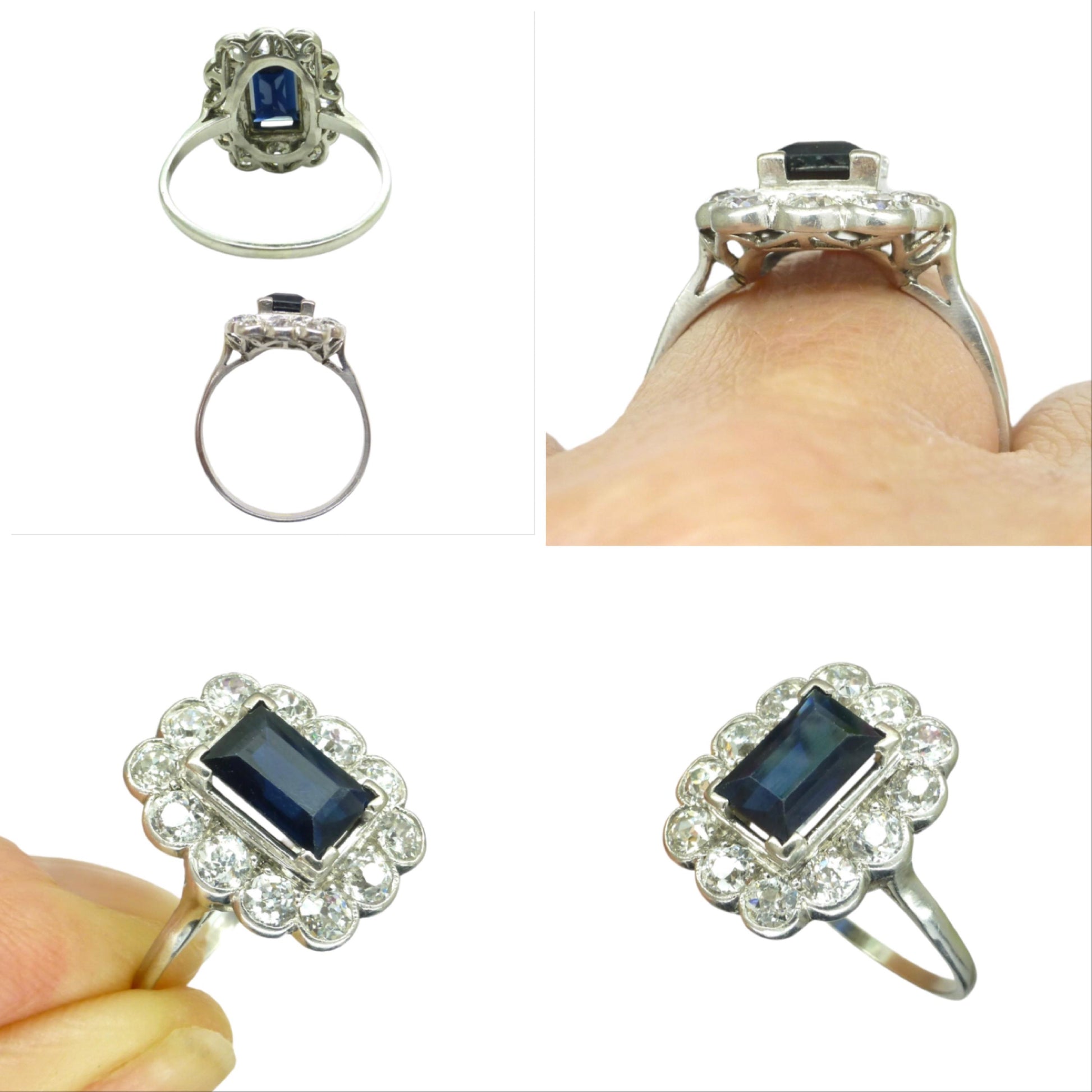 Art Deco sapphire old cut diamond rectangular cluster ring Platinum & white gold ~ independent report