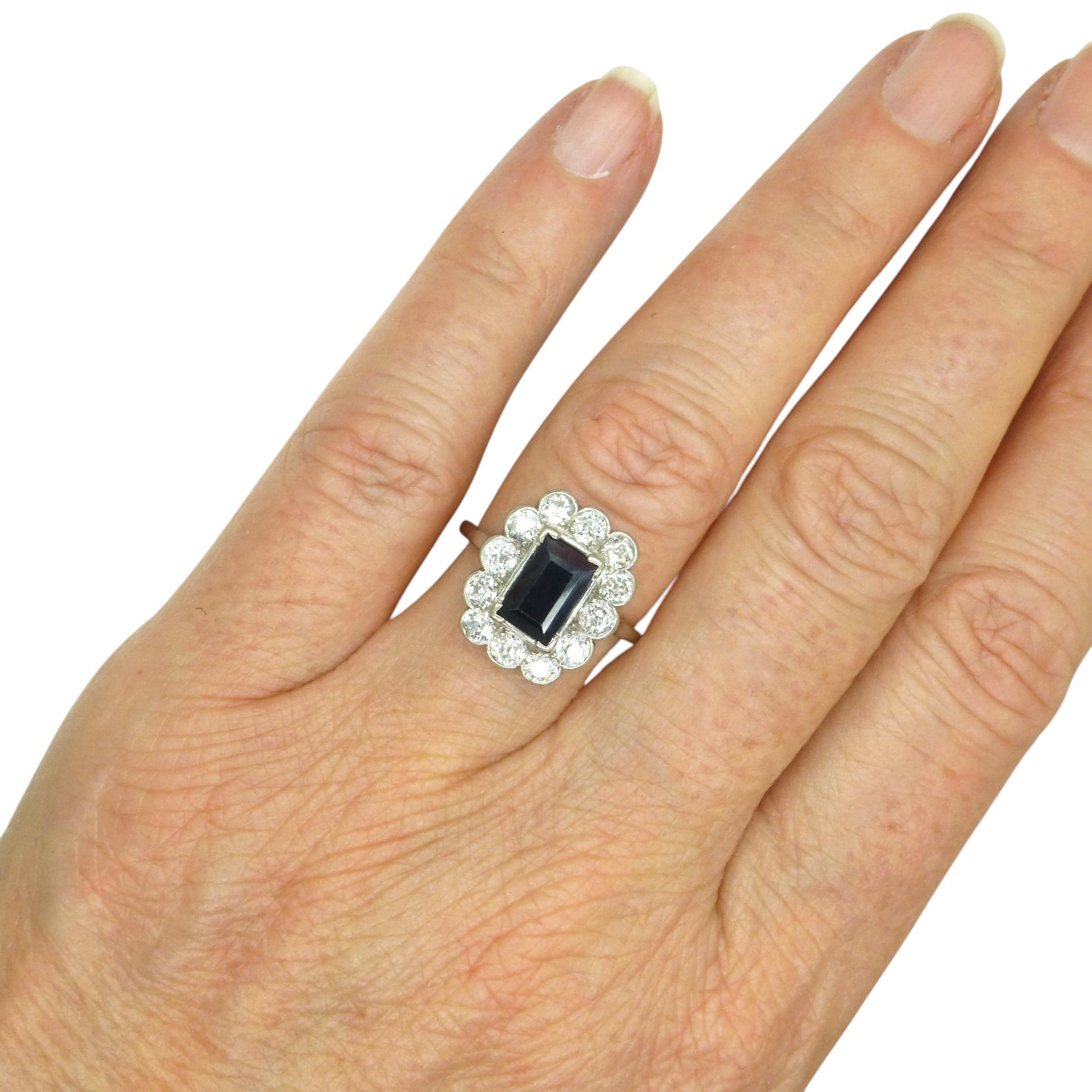 Art Deco sapphire old cut diamond rectangular cluster ring Platinum & white gold ~ independent report