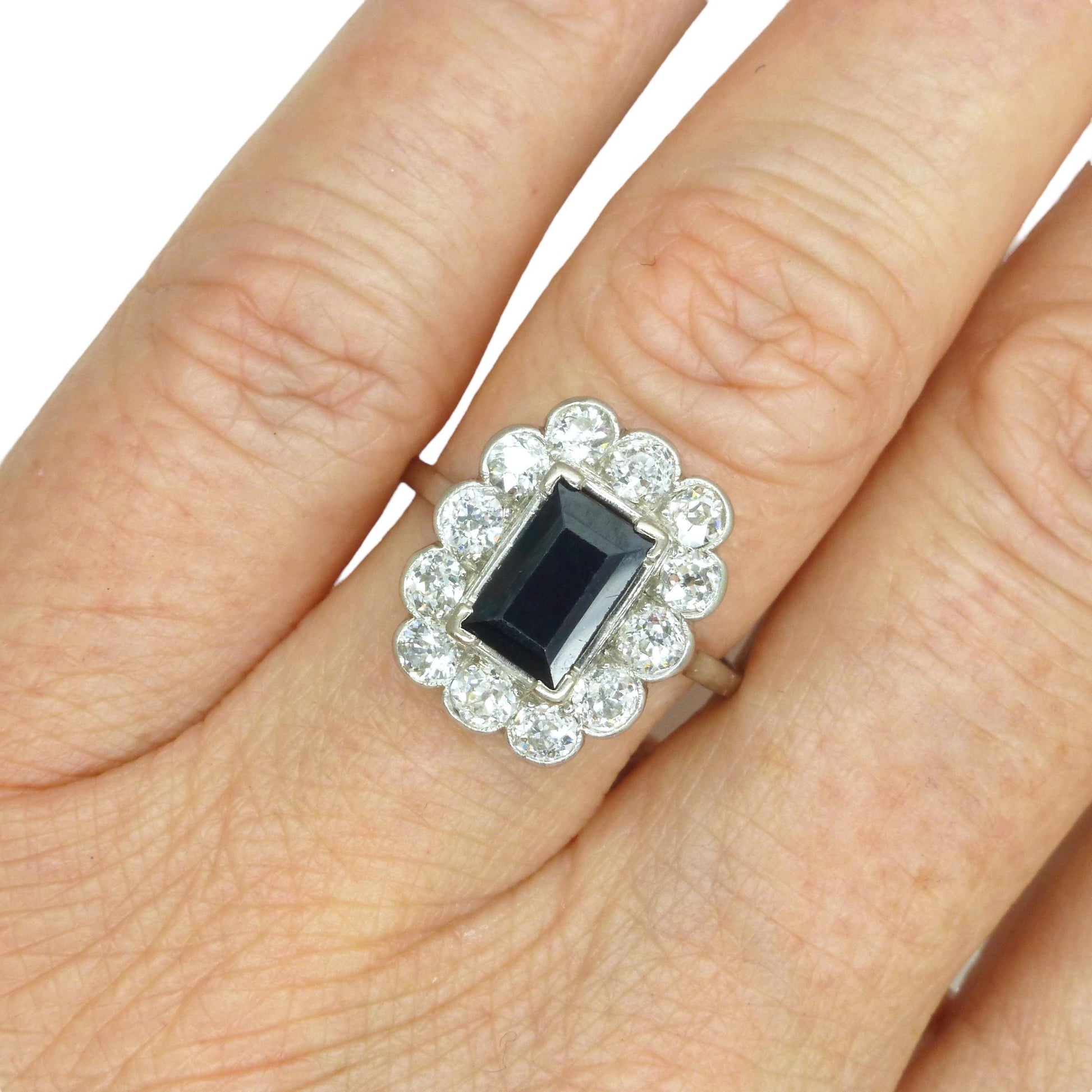 Art Deco sapphire old cut diamond rectangular cluster ring Platinum & white gold ~ independent report