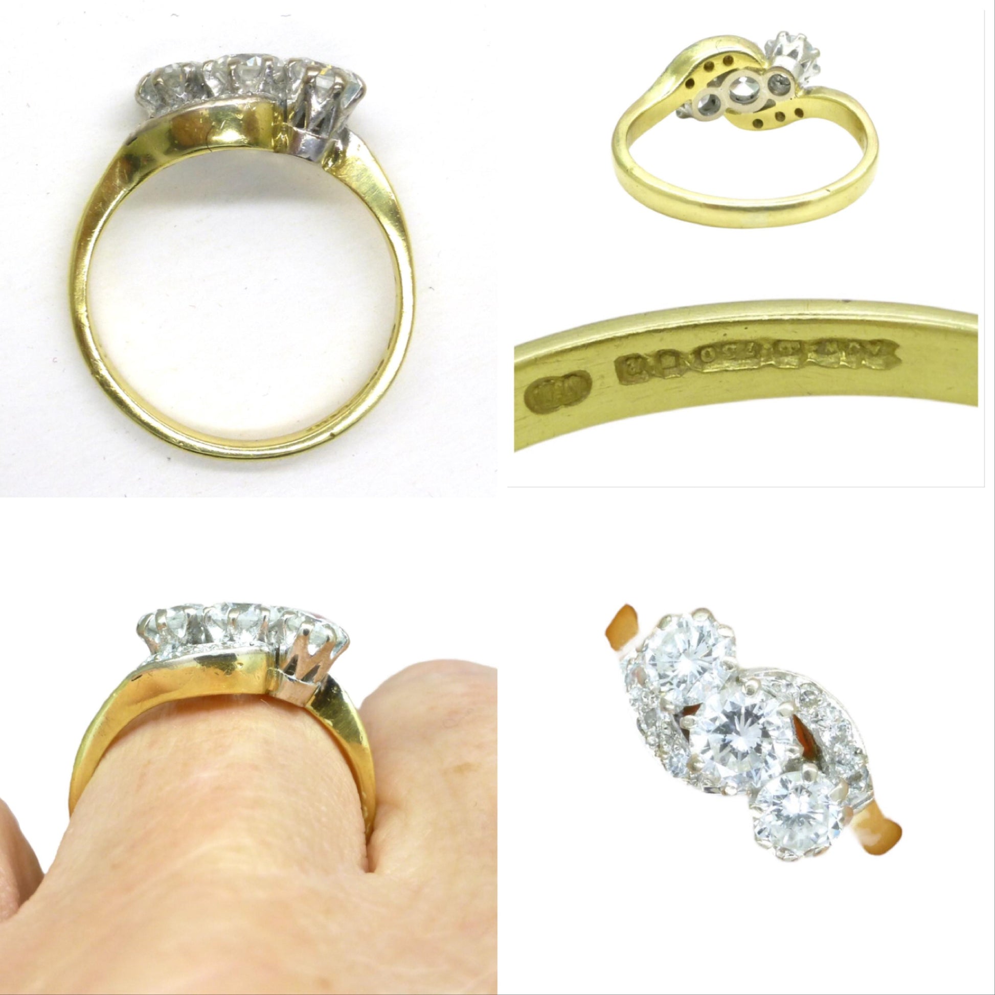 Vintage 18ct natural diamond three stone trilogy twist ring + Independent valuation report
