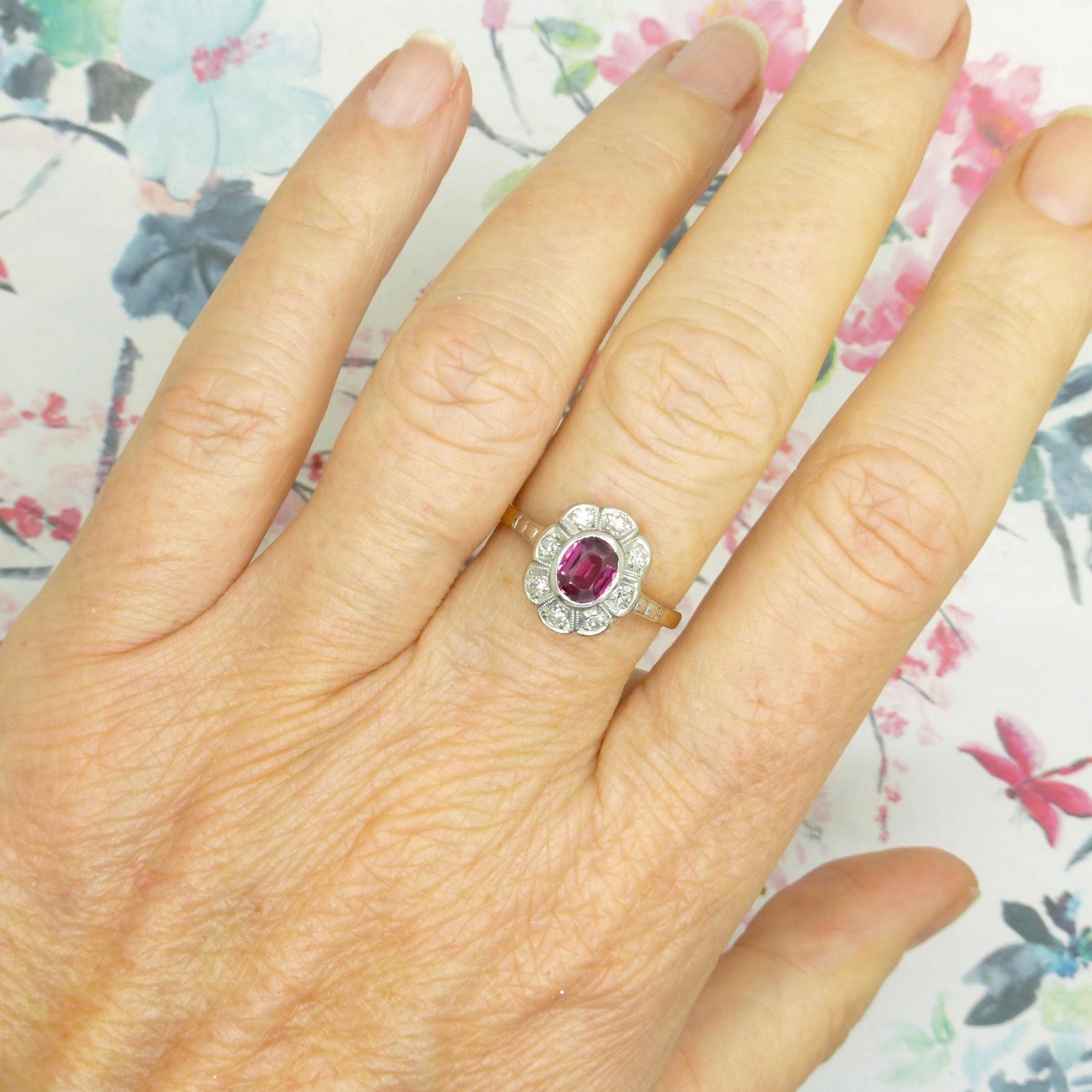 Vintage Art Deco verneuil ruby & diamond 18ct Platinum cluster ring c1930's