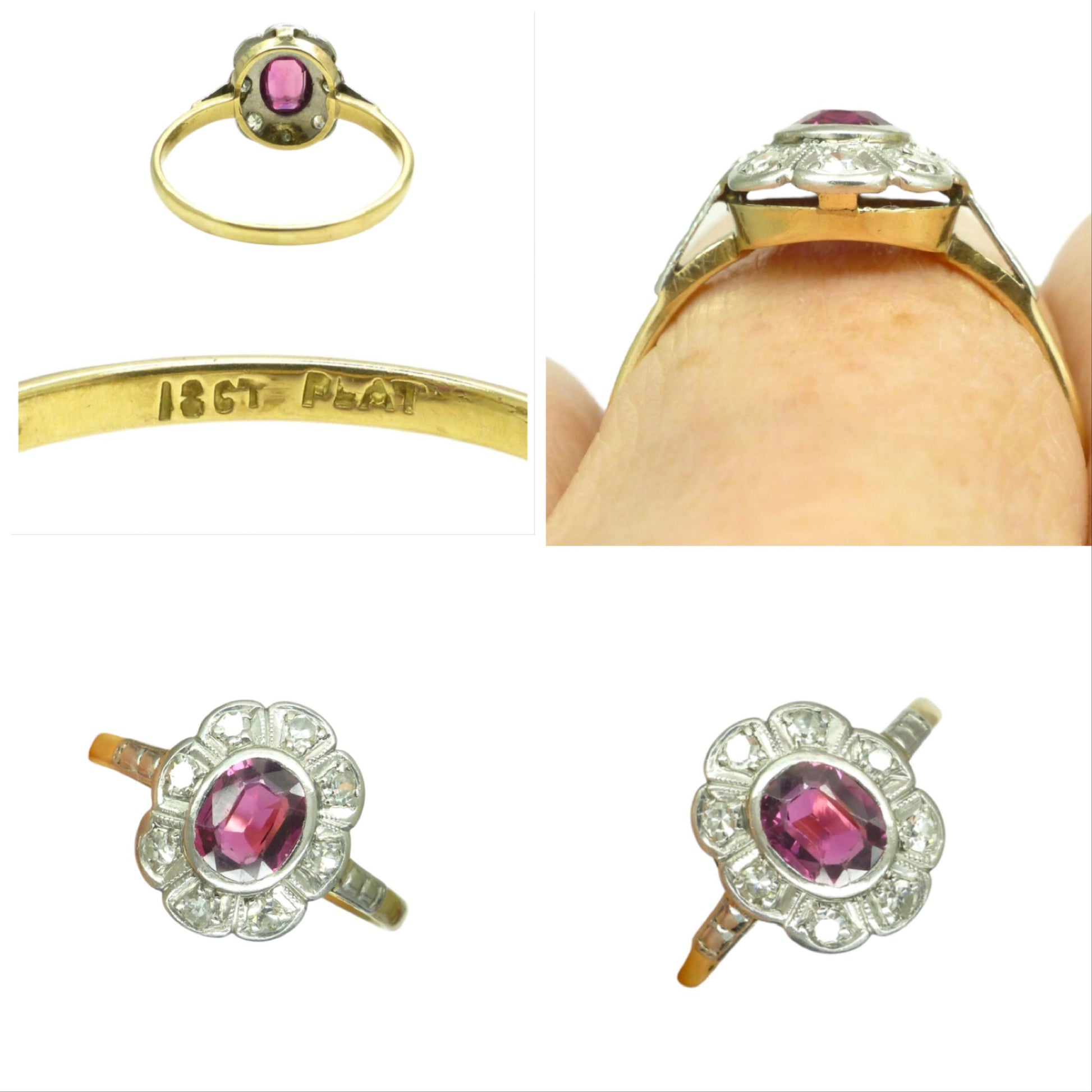 Vintage Art Deco verneuil ruby & diamond 18ct Platinum cluster ring c1930's