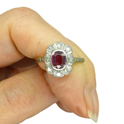 Vintage Art Deco verneuil ruby & diamond 18ct Platinum cluster ring c1930's