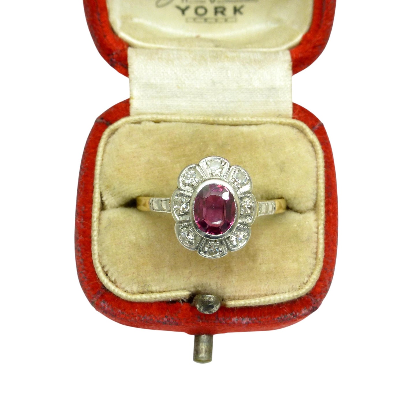 Vintage Art Deco verneuil ruby & diamond 18ct Platinum cluster ring c1930's