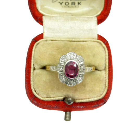 Vintage Art Deco verneuil ruby & diamond 18ct Platinum cluster ring c1930's