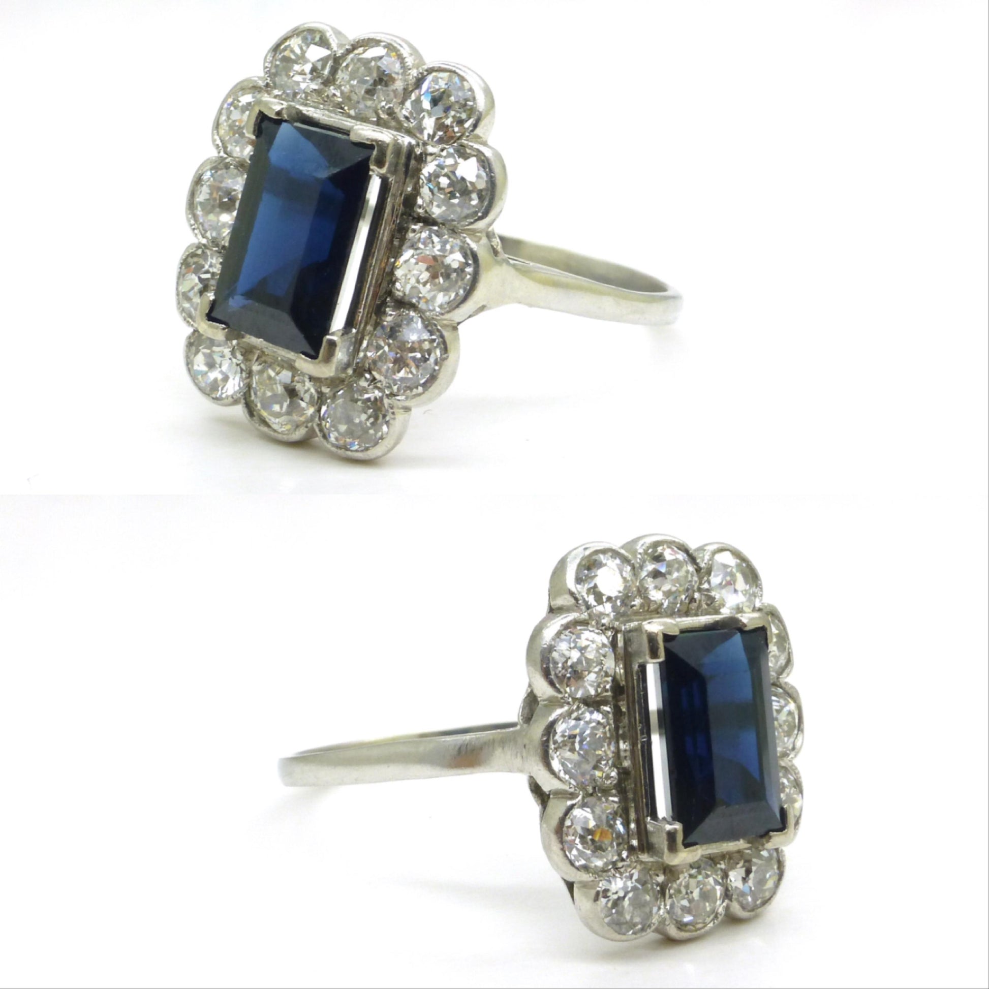 Art Deco sapphire old cut diamond rectangular cluster ring Platinum & white gold ~ independent report