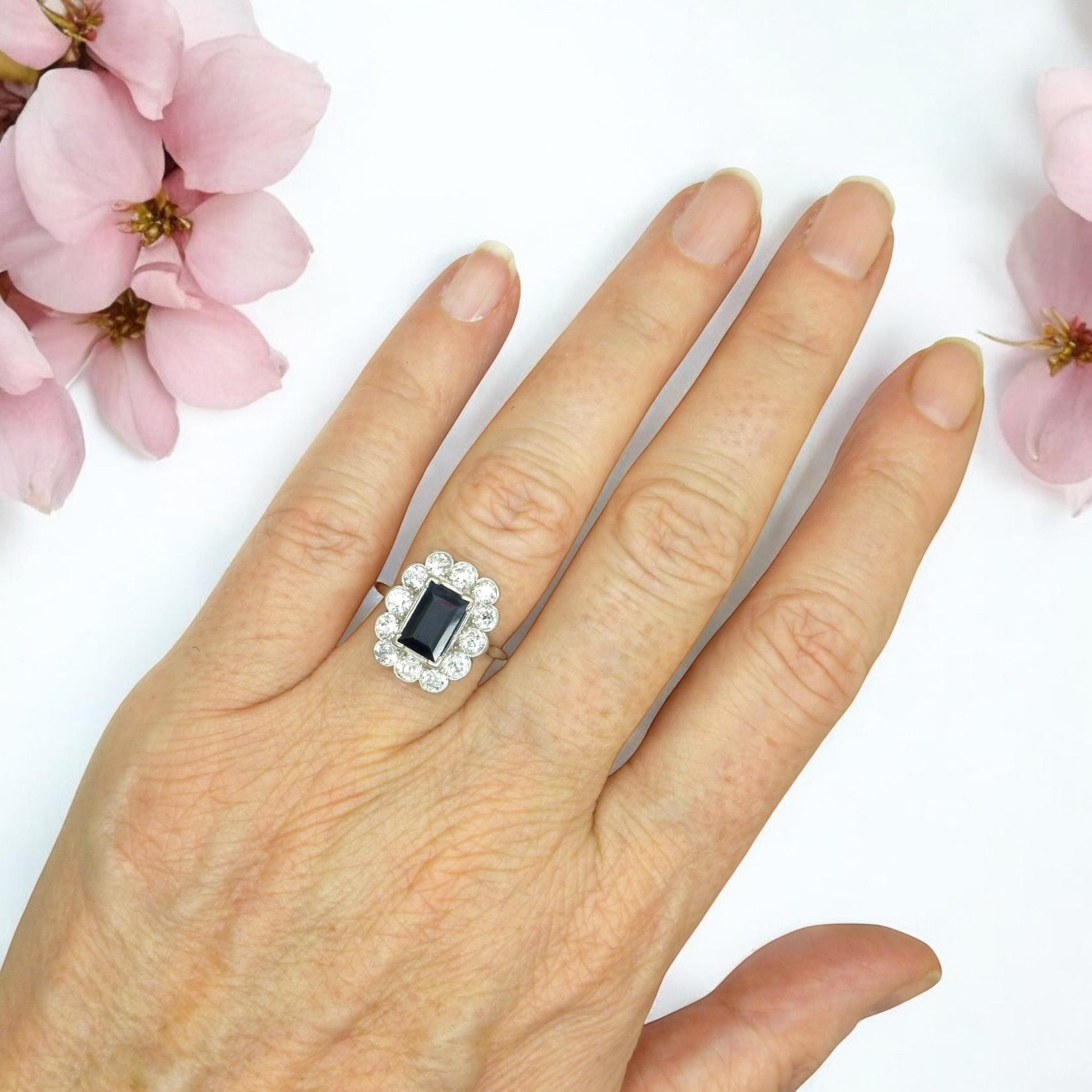 Art Deco sapphire old cut diamond rectangular cluster ring Platinum & white gold ~ independent report