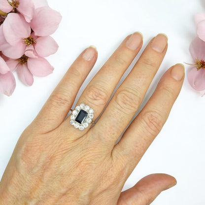 Art Deco sapphire old cut diamond rectangular cluster ring Platinum & white gold ~ independent report