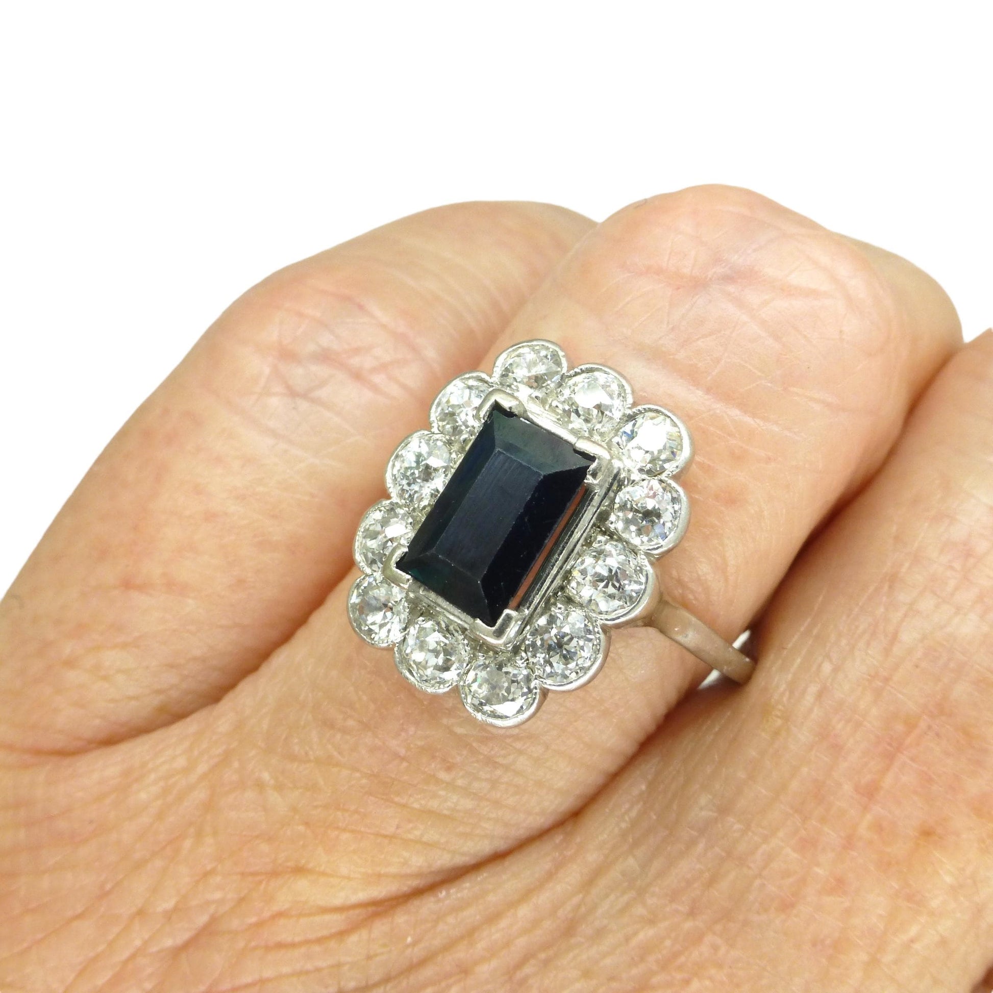 Art Deco sapphire old cut diamond rectangular cluster ring Platinum & white gold ~ independent report