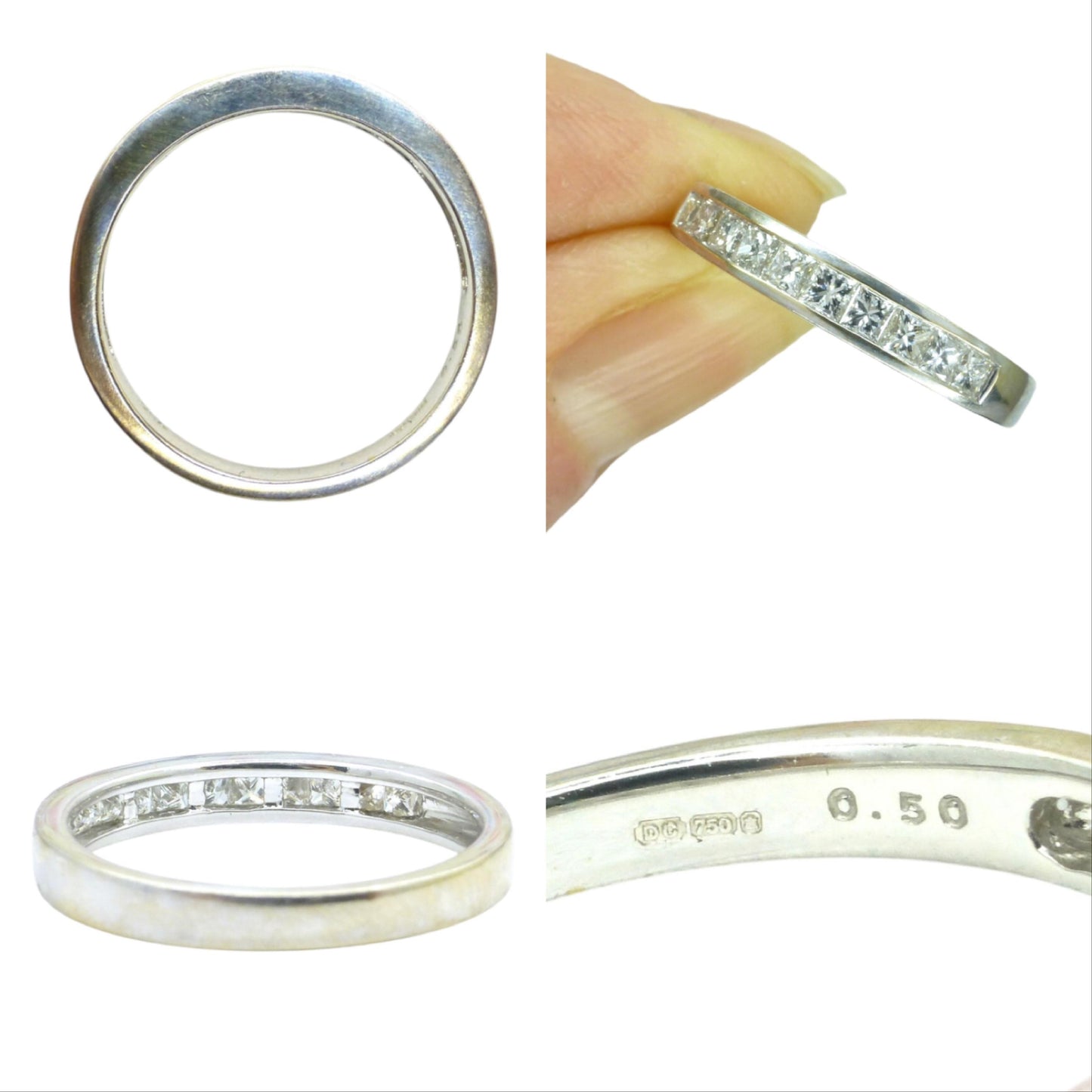 Vintage 18ct white gold Princess cut natural Diamond half eternity ring 0.50ct ~ wedding band
